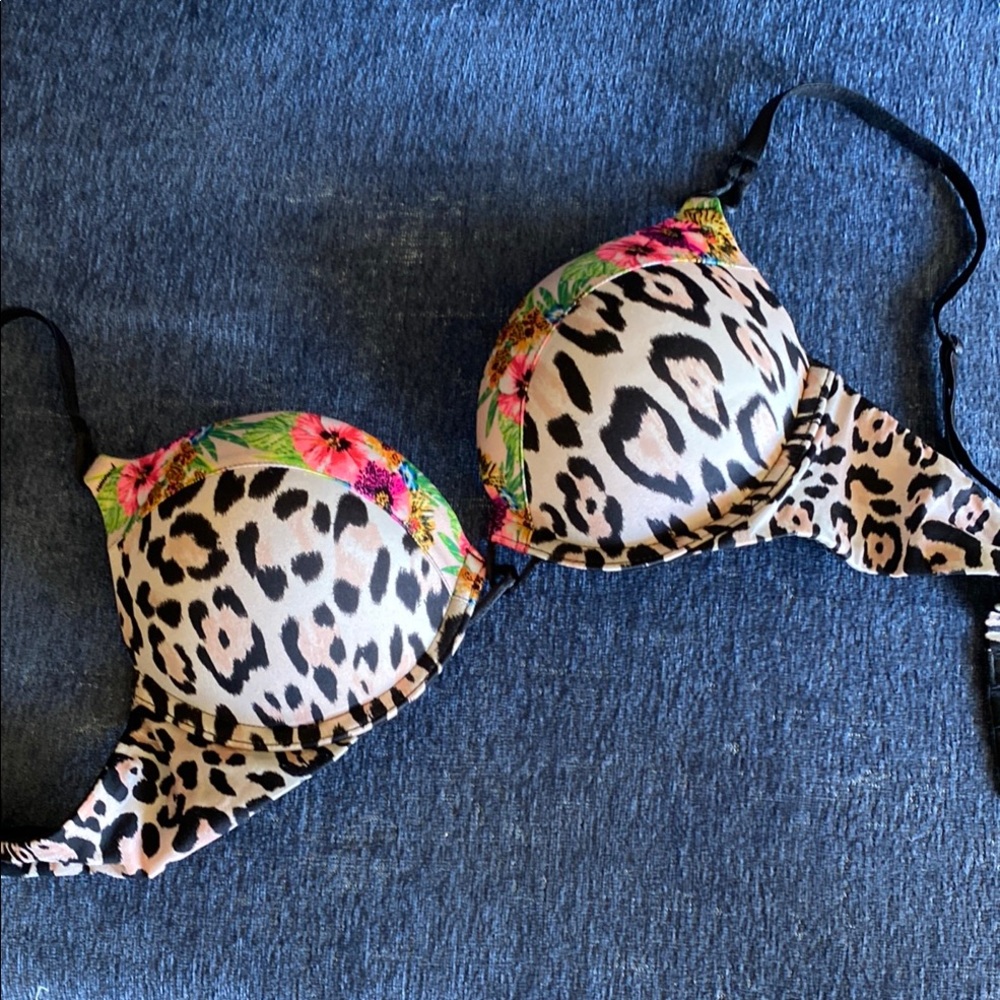 Leopard Print Bikini Top with Floral Accents